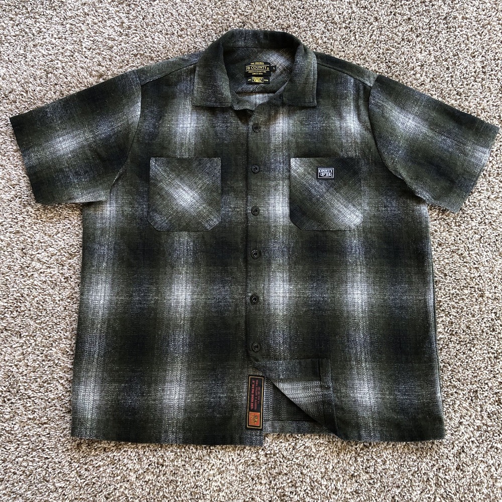 FB County Flannel Shirt Mens Large Green Plaid Wool Blend Button-Up Short Sleeve